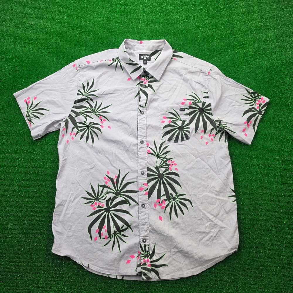 Billabong Button Up Shirt Mens Large Palm Frond Geometric Short Sleeve Beach